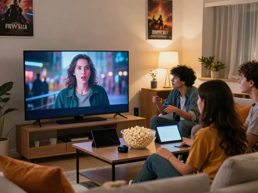 Friends enjoying movies on FilmyZilla in a cozy living room.