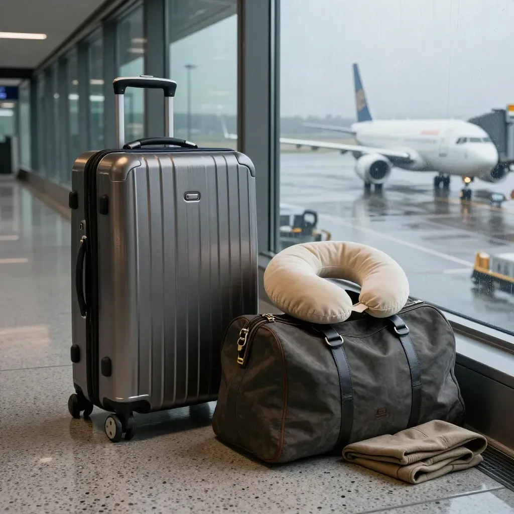 Carry-on, duffel, neck pillow and jacket by a gate window with a taxiing plane