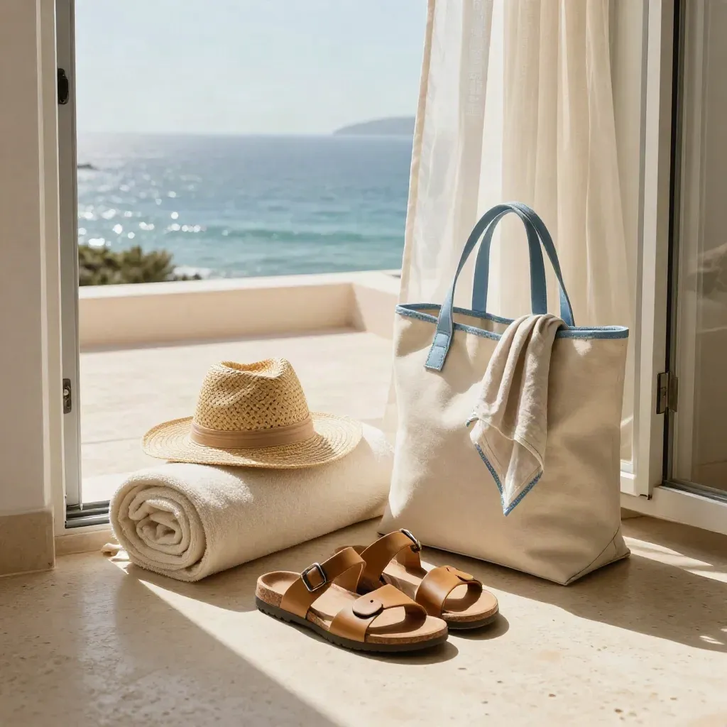 Vacation bundle by an open balcony door: hat, towel, sandals, and tote in warm coastal light.