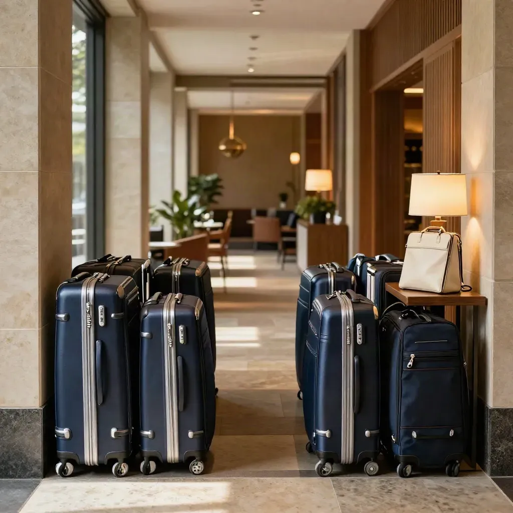 Rows of navy carry-ons in a warm hotel lobby with a folio on a side table