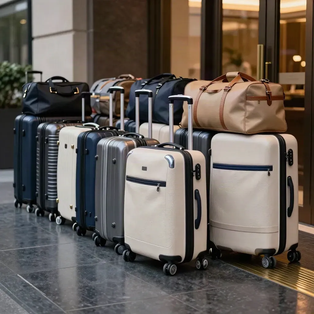 Matching carry-ons and duffels lined up outside a hotel entrance at dusk