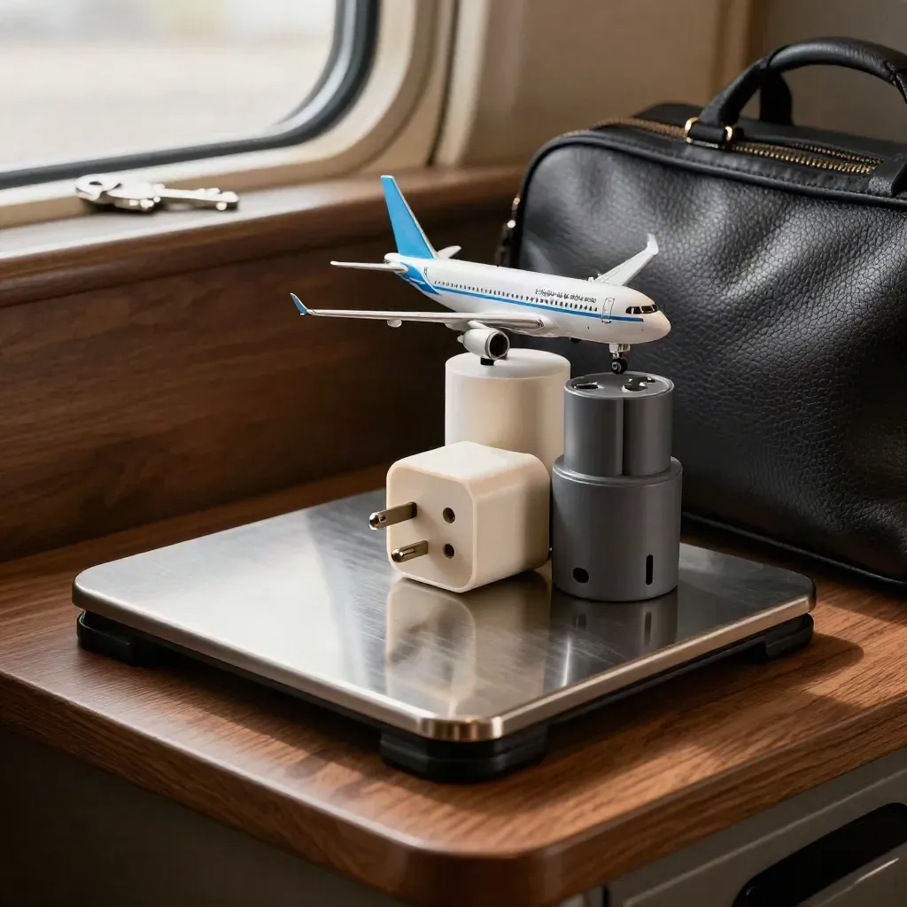 Brushed luggage scale, tiny plane, plug adapters, and travel pouch on a walnut bench.