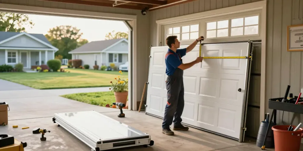 Garage door replacement Niagara Falls with technician inspecting new garage door in a suburban setting.